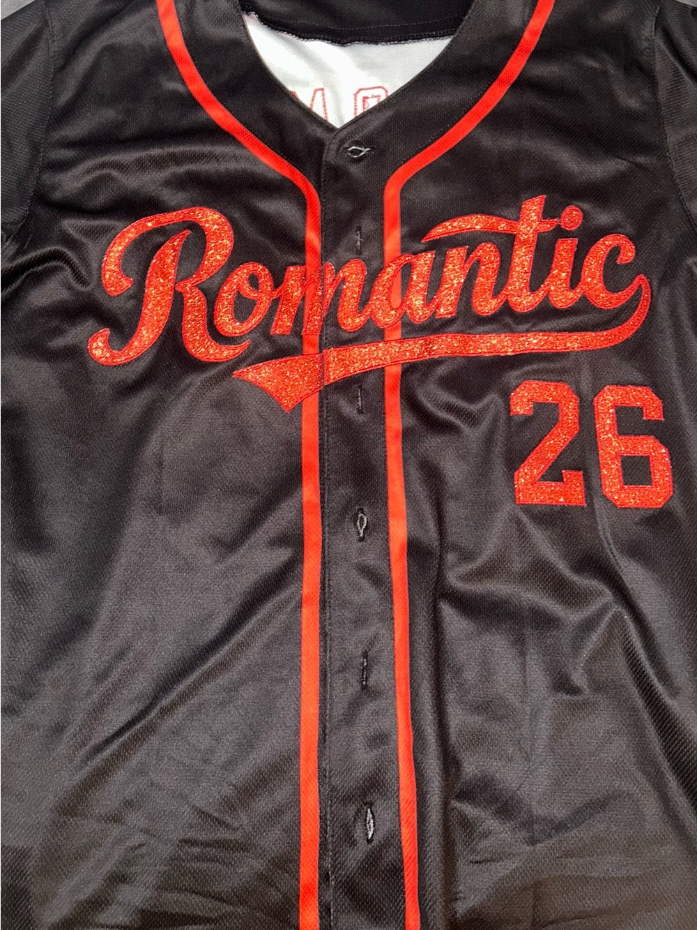 Women’s Baseball Jersey
Bruno Mars Romantic #26 Black Jersey with Red Glitter